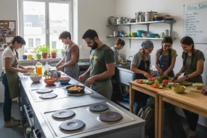 A clean, communal hostel kitchen where several backpackers are efficiently cooking simple meals while respectfully sharing space.