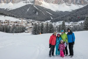 Cortina d’Ampezzo valley surrounded by the towering, pale rock formations of the Dolomites.