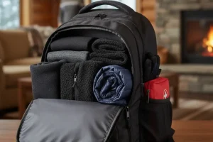 A set of neatly folded, dark-colored clothing layers packed efficiently into a travel backpack