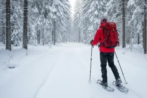 A hiker traversing a serene, deep snow-covered trail in a quiet forest, their snowshoes providing perfect flotation on the pristine white landscape.