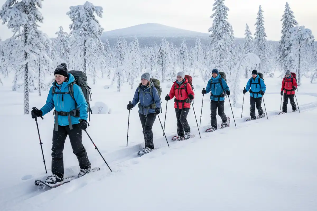 A group snowshoeing through the pristine, deep snow and untouched forest of Pyhä-Luosto National Park, Finland.