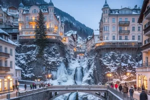 The dramatic waterfall in the center of Bad Gastein, with grand Belle Époque hotels built into the steep slopes above the gorge.