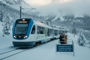 A quiet electric train winding through a snowy mountain landscape, emphasizing environmentally conscious travel by rail in a cold climate.