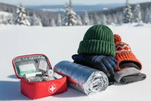 A first aid kit and an emergency blanket sitting next to a pile of thick winter gloves and hats