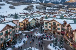 The European-inspired architecture of Vail Village in Colorado, surrounded by snow-covered slopes.