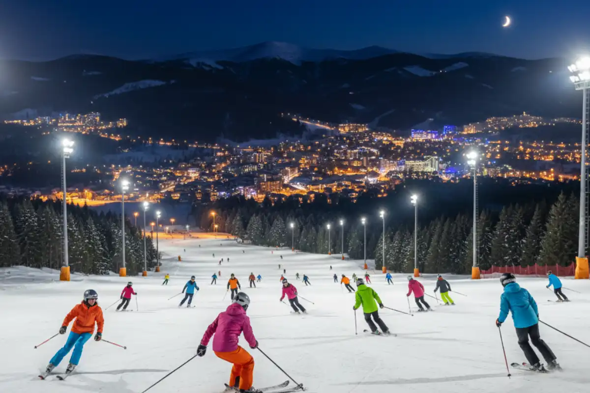 Skiers enjoying the floodlit night skiing on the slopes of Borovets, with the bright lights of the resort village visible in the background.