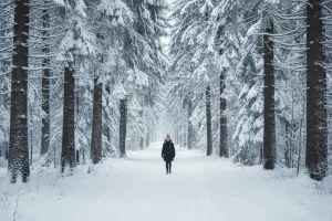 A quiet forest path blanketed in fresh snow with tall evergreen trees surrounding the serene scene