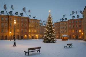 A picturesque small-town square in Eastern Europe blanketed in fresh snow, with colorful, historic buildings and soft yellow lighting, inviting travelers to explore the winter charm.