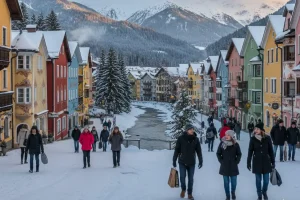 Garmisch-Partenkirchen's colorful houses with the Alps and Zugspitze mountain in the background.