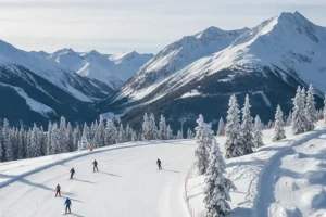 A contrast between a gentle, wide blue ski run and a steep, challenging mogul field nearby