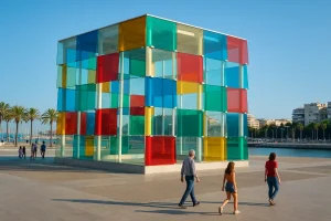 The colorful glass cube of the Centre Pompidou Málaga at the port.
