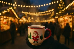 A steaming cup of Glühwein (mulled wine) served in a festive mug at a bustling European Christmas market, surrounded by winter stalls and lights.