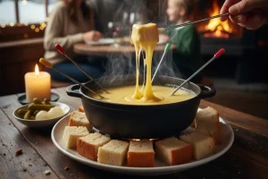 A steaming pot of golden cheese fondue surrounded by bread cubes on a rustic wooden table