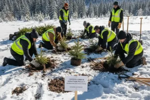 A vibrant green forest landscape where new trees are being planted in the snow, illustrating a certified carbon reduction project focused on reforestation—a common way travelers offset their flight emissions.
