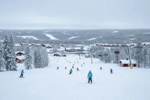 The wide, beautifully groomed blue slopes of Vemdalen in Sweden, with traditional wooden cabins dotted around the treeline.