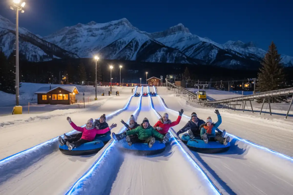 Group of people laughing while snow tubing down an illuminated slope at night near the Banff area.