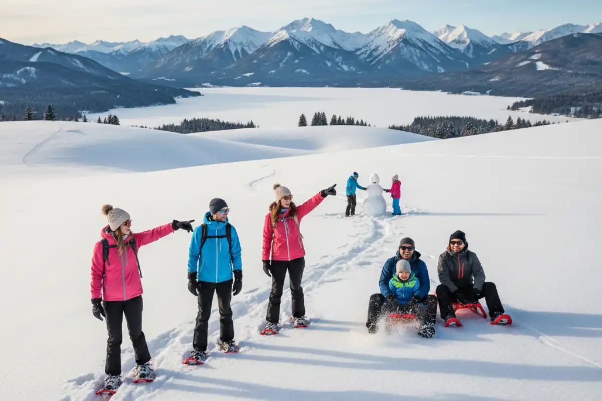 A group of people enjoying snowshoeing and sledding activities on the open snowfields near the Vogel ski area.