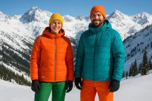 A high-quality, brightly colored winter jacket and ski pants made from recycled materials, hanging outdoors against a beautiful snowy mountain backdrop, ready for eco-conscious adventures.