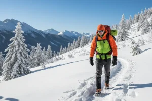 A hiker wearing bright safety layers and sturdy, cleated boots ascending a snow-covered mountain trail under a clear blue sky, demonstrating essential preparation for safe, cold-weather trekking.