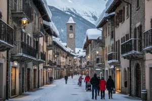 The historic center of Bormio, Italy, with traditional stone buildings and narrow streets covered in snow.