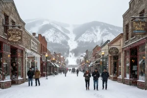 The historic Main Street of Park City covered in snow, with old mining buildings converted into shops and restaurants.