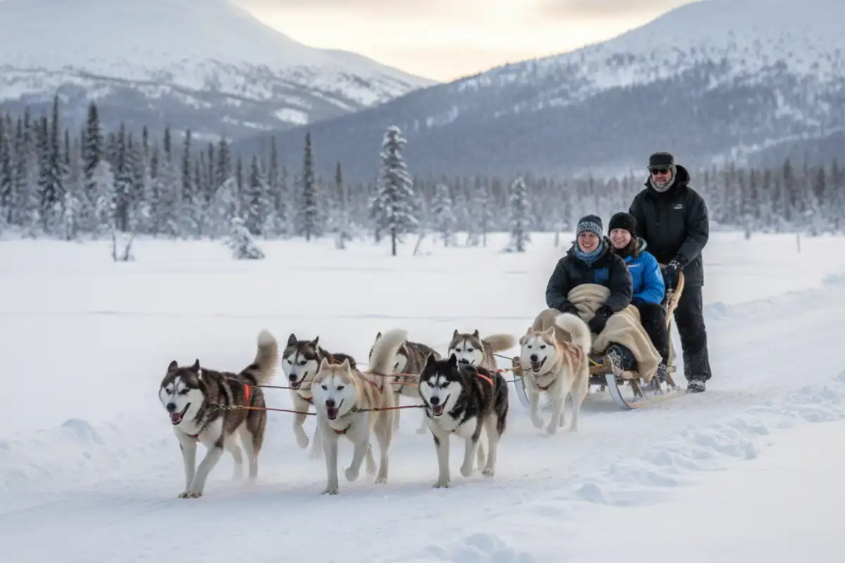 A team of husky dogs pulling a sled through the snowy landscape near Geilo, Norway, with tourists riding in the back.