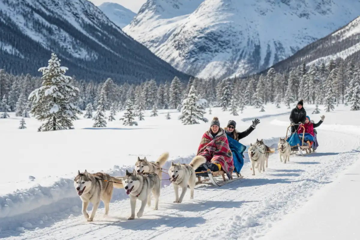 A group of people enjoying husky sledding through the snow-covered Hemsedal valley, with mountains in the background.