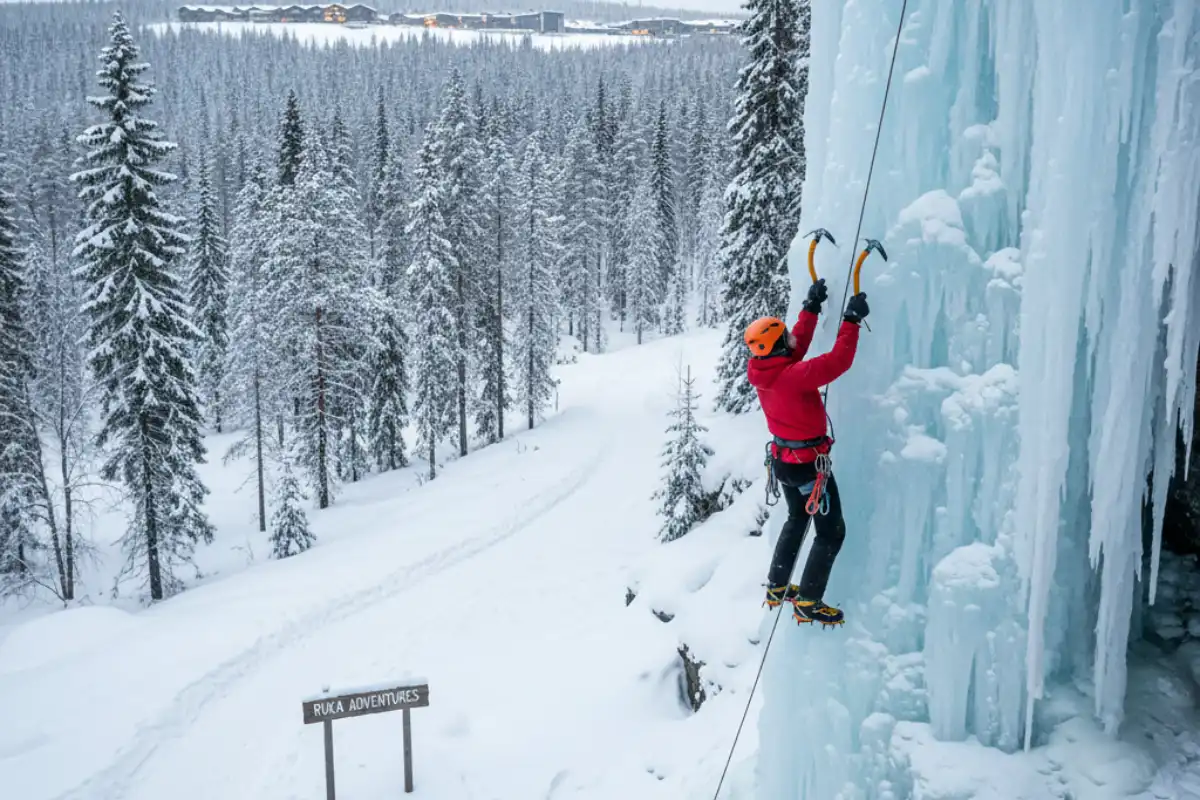 A person ice climbing on a frozen waterfall near Ruka, Finland, demonstrating the resort's diverse adventure offerings.