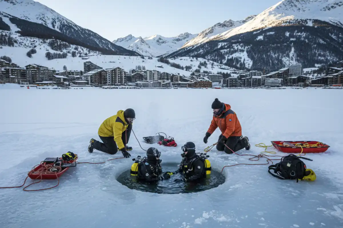People ice diving in the frozen Tignes Lake, with mountain guides providing assistance, and the ski slopes in the background.