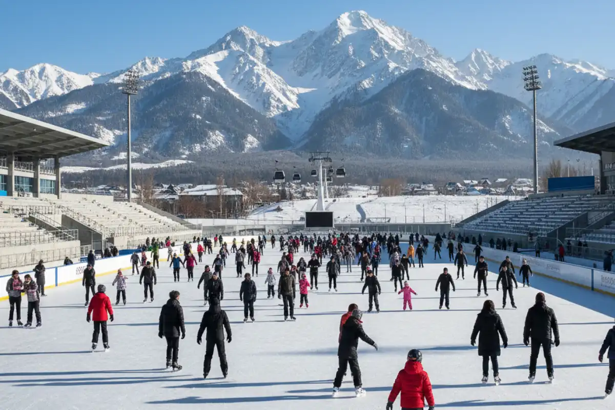 People ice skating on the famous Medeu high-altitude outdoor ice rink, with the mountains visible in the background.