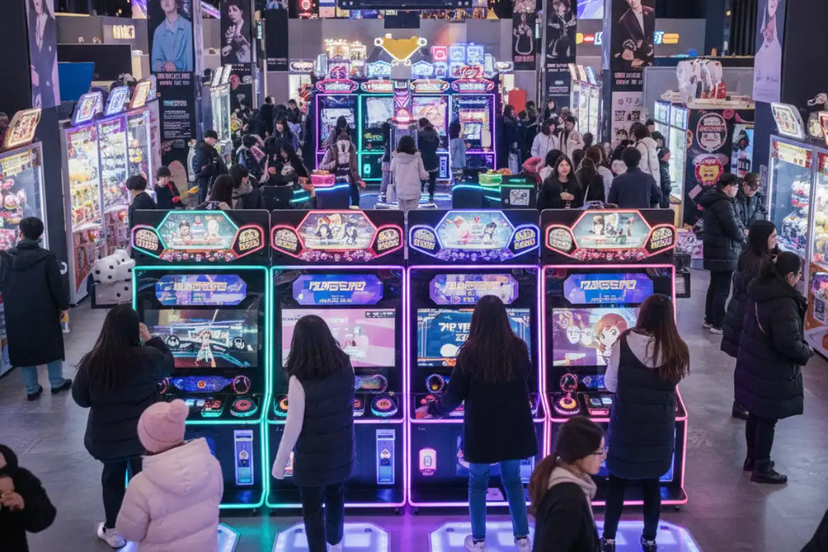 A lively indoor arcade and entertainment center at Yongpyong Resort, featuring K-Pop themed activities and gaming consoles.