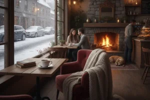 A warm, inviting café interior featuring large windows overlooking a heavy snowfall and snowy street, with a steaming mug of coffee on a wooden table near a plush armchair and softly glowing fireplace.