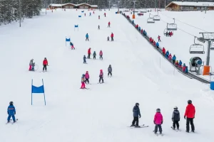 Wide, gentle blue ski slopes at Lindvallen, Sälen, Sweden, with families and children learning to ski.