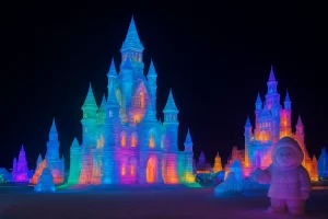 Massive, intricately carved ice castles and illuminated snow sculptures shining brightly with multi-colored lights against a dark night sky at a large-scale winter festival, showcasing the artistry and grandeur of the event.