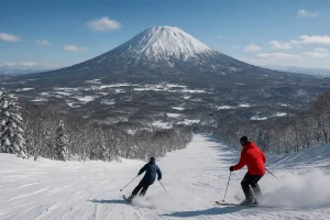 View of Mount Yotei from the Niseko ski slopes with deep fresh snow.