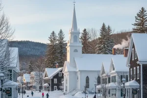 The iconic white church and classic New England architecture in the charming, snow-covered village of Stowe, Vermont.