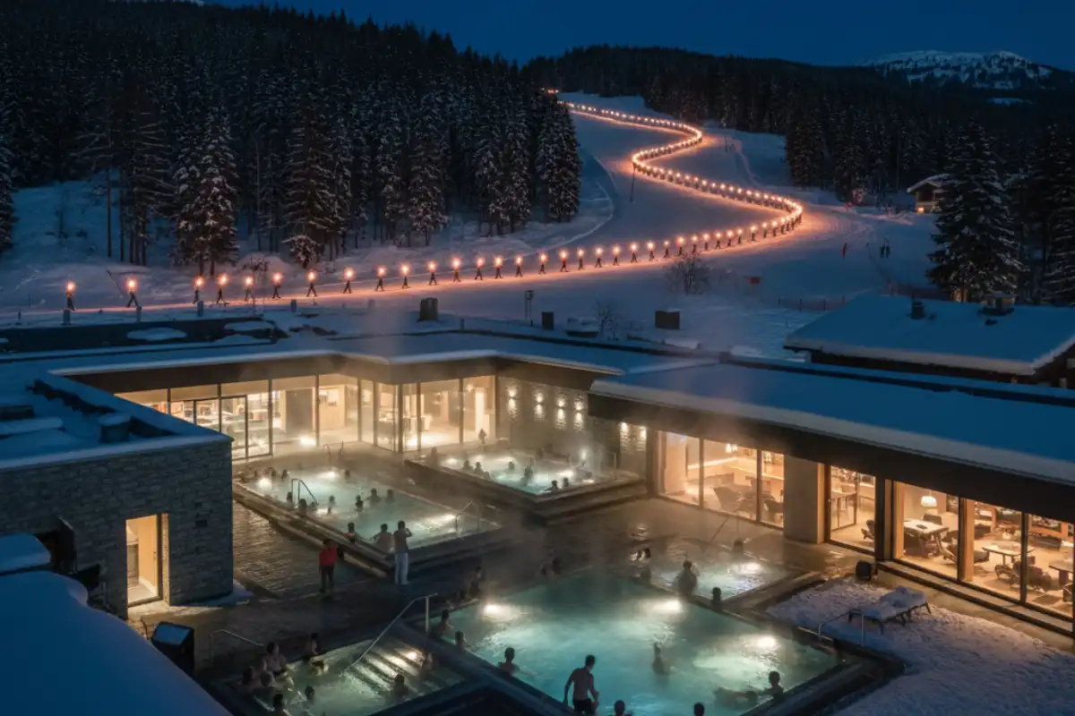 People enjoying a torchlit night-time descent and the thermal spa facilities after a day of skiing in Arosa.