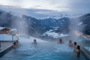 A perfectly warm, steam-filled outdoor infinity pool overlooking a snow-covered mountain valley at dusk, offering a stunning contrast between the cold air and therapeutic water.