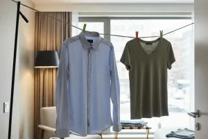 A pair of lightweight travel shirts hanging on a portable clothesline stretched across a hotel room