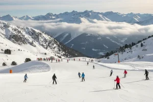 Panoramic view of the Baqueira-Beret ski resort with wide, groomed pistes and the Pyrenees mountains.