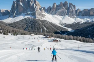 A panoramic view of the Val Gardena valley with skiers on the slopes and the sheer, dramatic Dolomite peaks in the background.