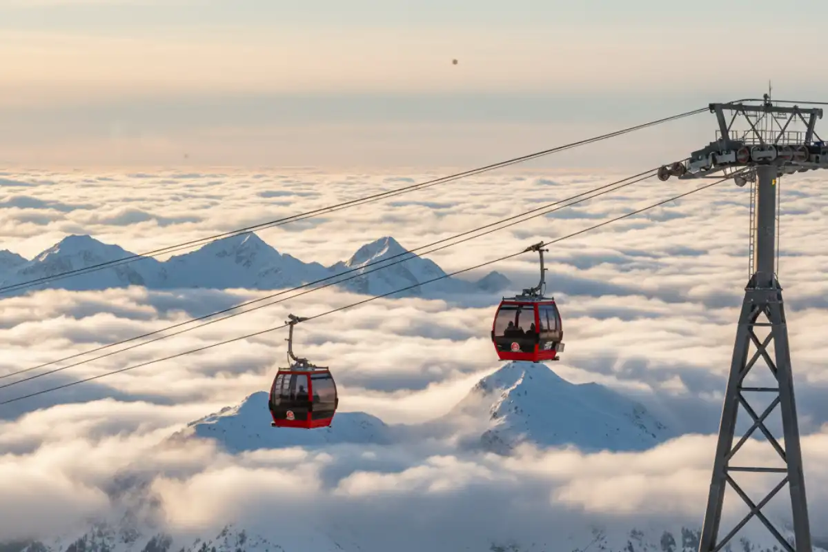The Peak 2 Peak Gondola connecting Whistler and Blackcomb mountains, with mountains and clouds visible below.