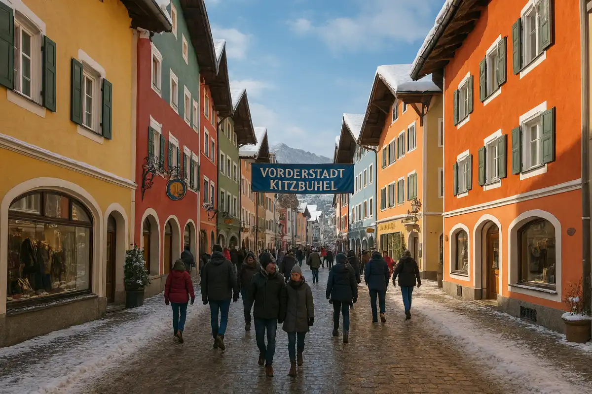 The pedestrian Vorderstadt street in Kitzbühel with colourful buildings.