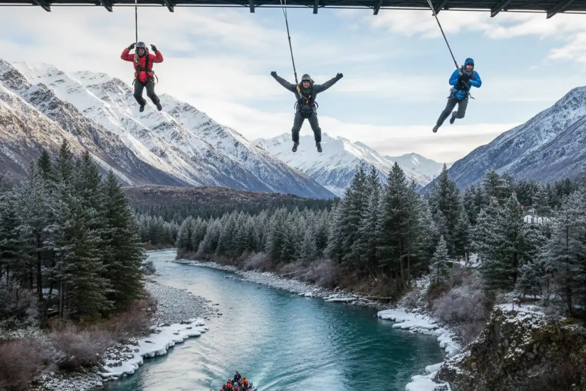 People bungee jumping from a bridge over a river near Queenstown, representing the city's adventure sports culture.