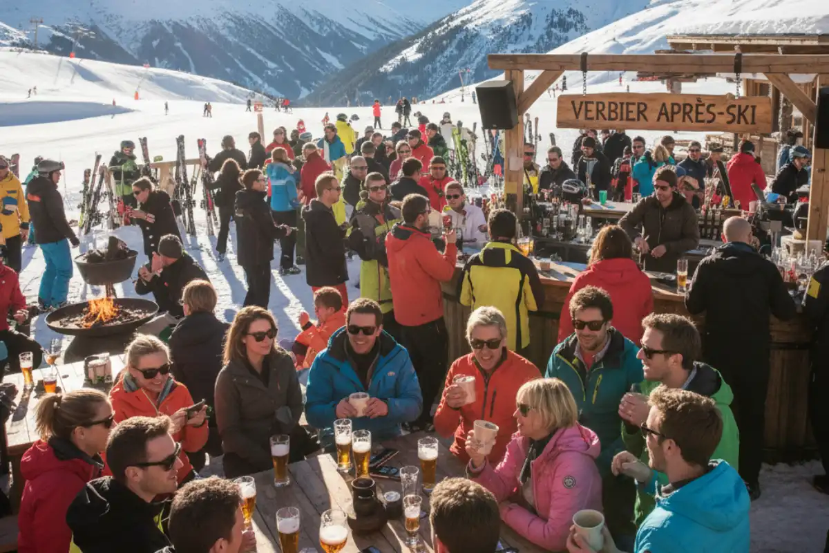 People gathering and drinking at a lively outdoor après-ski bar near the slopes in Verbier on a sunny afternoon.
