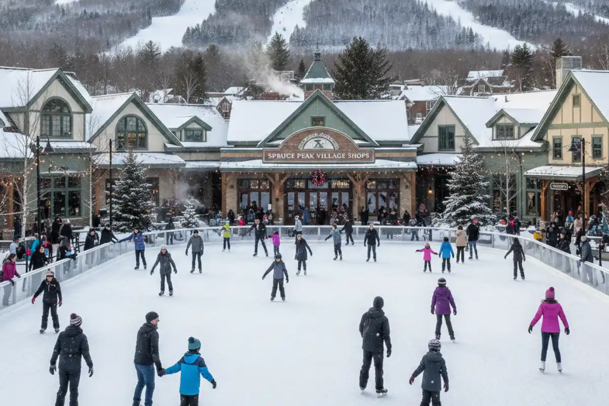 People ice skating on a picturesque outdoor rink at the base of Spruce Peak, with shops and resort buildings in the background.