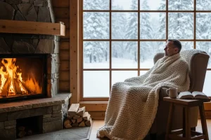 A man sitting comfortably wrapped in a warm blanket next to a roaring fireplace in a cozy wooden cabin, looking out at a snowy landscape through a large window, illustrating the therapeutic benefits of 'hygge' and winter solitude.