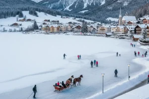 The picturesque town of Zell am See on the shore of the frozen Lake Zell, surrounded by the snowy peaks of the Austrian Alps.