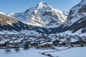 A picturesque view of the Grindelwald village and the dramatic, snow-covered Eiger North Face in the background.