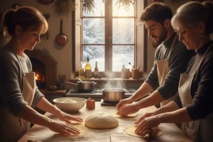 Hands preparing fresh pasta dough in a rustic kitchen during a winter cooking workshop